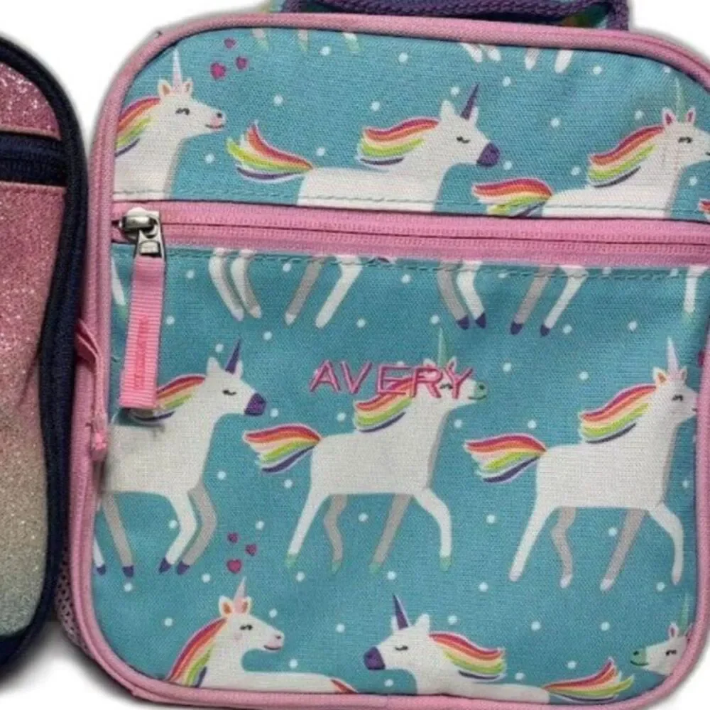 Pottery Barn Kids Lunchbox Embroidered "Avery" Personalized Unicorn Glitter - Picture 1 of 3